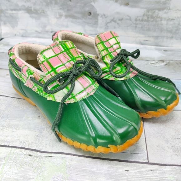 Sperry Other - Sperry Top Sider Duckie Rain Shoes Green Pink Plaid Rubber Girl or Boy Sz 1 #252